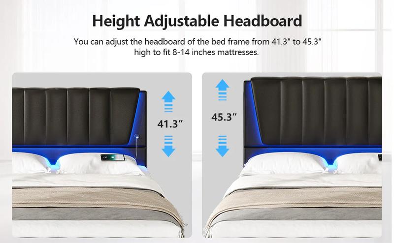 Sikaic LED Bed Frame With USB Ports Adjustable Headboard And 4 Storage Drawers Apartment Furniture Bedroom Set Upholstered Platform Bedframe