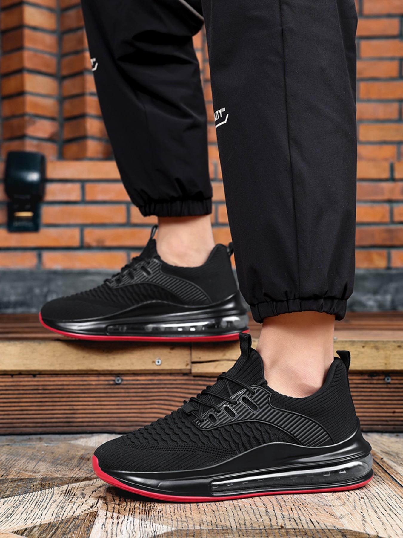 New Fish Scale Full Sole Air Cushion Running Shoes, Men's Flyknit Breathable Sport Shoes, Thick Sole Shock Absorption Casual Shoes