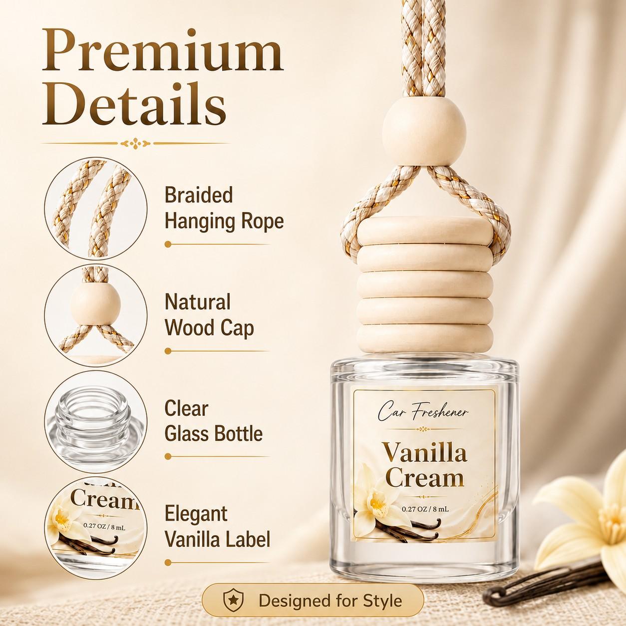 2 Pack Vanilla Cream Car Air Freshener, Car Perfume, Long Lasting Sweet Scent, 8ML Bottle, Hanging Car Freshener for Auto Interior, Car Accessories