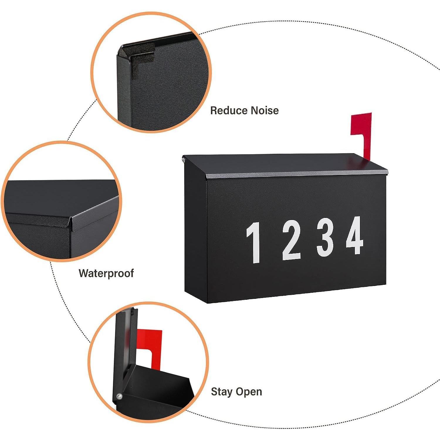 Wall-Mount Mailbox with  Flag Kit and Three Sets of 0-9 Mailbox Number Stickers, Mailboxes for Outside, Galvanized Steel Rust-Proof Metal  Box, 4.33" Dx14.2 Wx10.43 H, Black