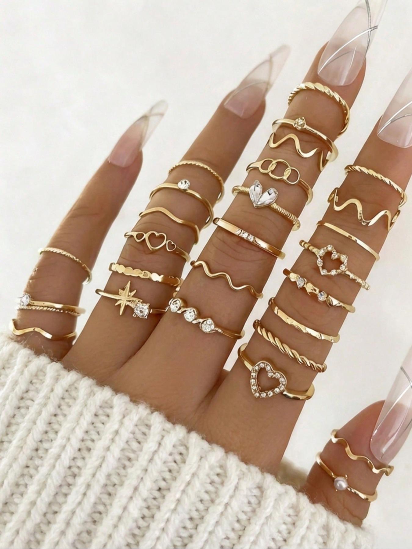 28pcs Heart Shaped Geometric Boho Style Rhinestone Knuckle Rings, Minimalist Wave Design, Perfect for Women's Daily Wear & Parties