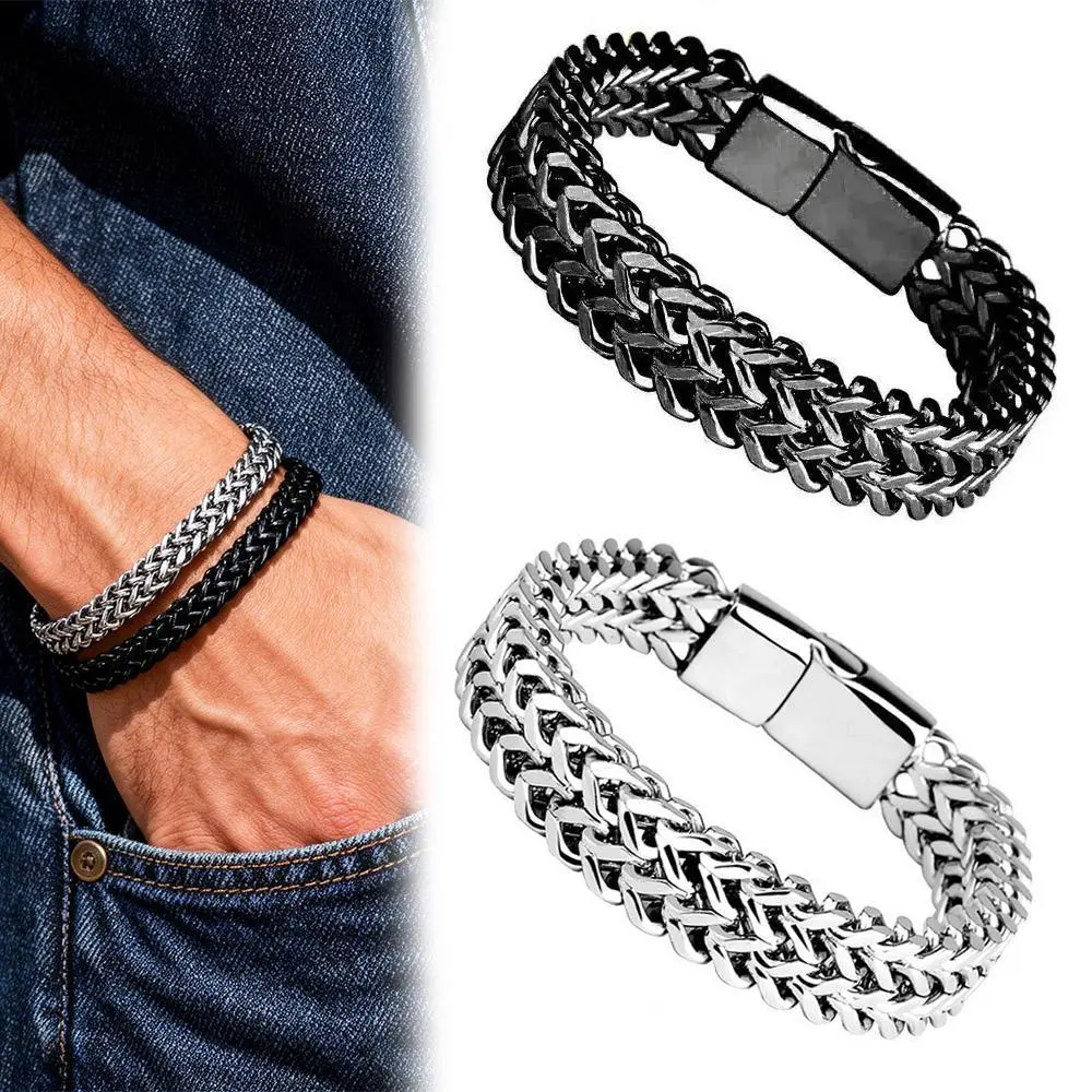 304L Stainless Steel Vintage Chunky Bracelet Handcrafted Geometric Braid Cuban Chain Minimalist Non Tarnish Chain Bracelets - Mens Jewelry, Fathers Day Gift