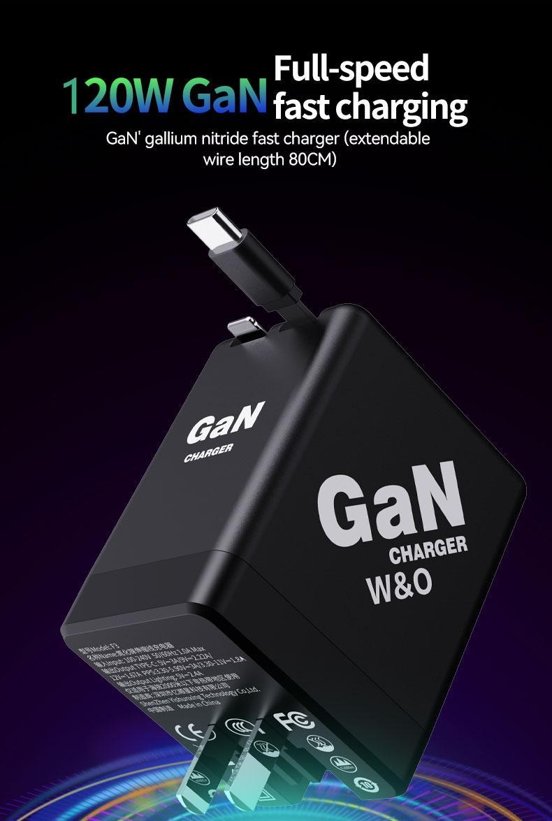 GaN Charger Compatible with 120W Fast Charger with Retractable Type-C and ligting Cable,Portable Adapter for iPhone 16, iPad, MacBook,  Multi-Device Fast Charging, Folding Charing Cellphone Electronic
