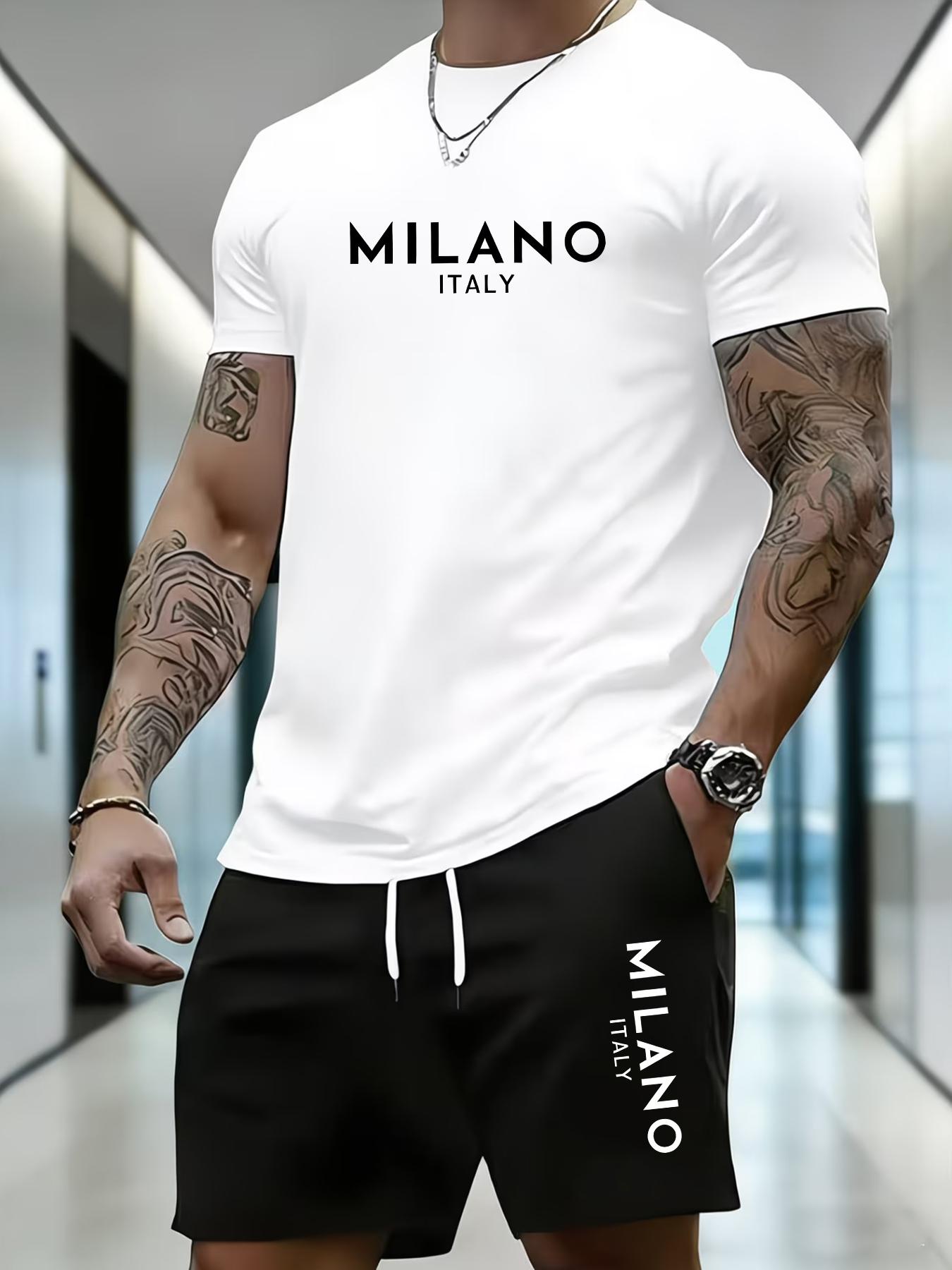 MILANO ITALY Italian Print Men's Suit - Summer Short-sleeved T-shirt + Shorts Set - Street Fashion Style