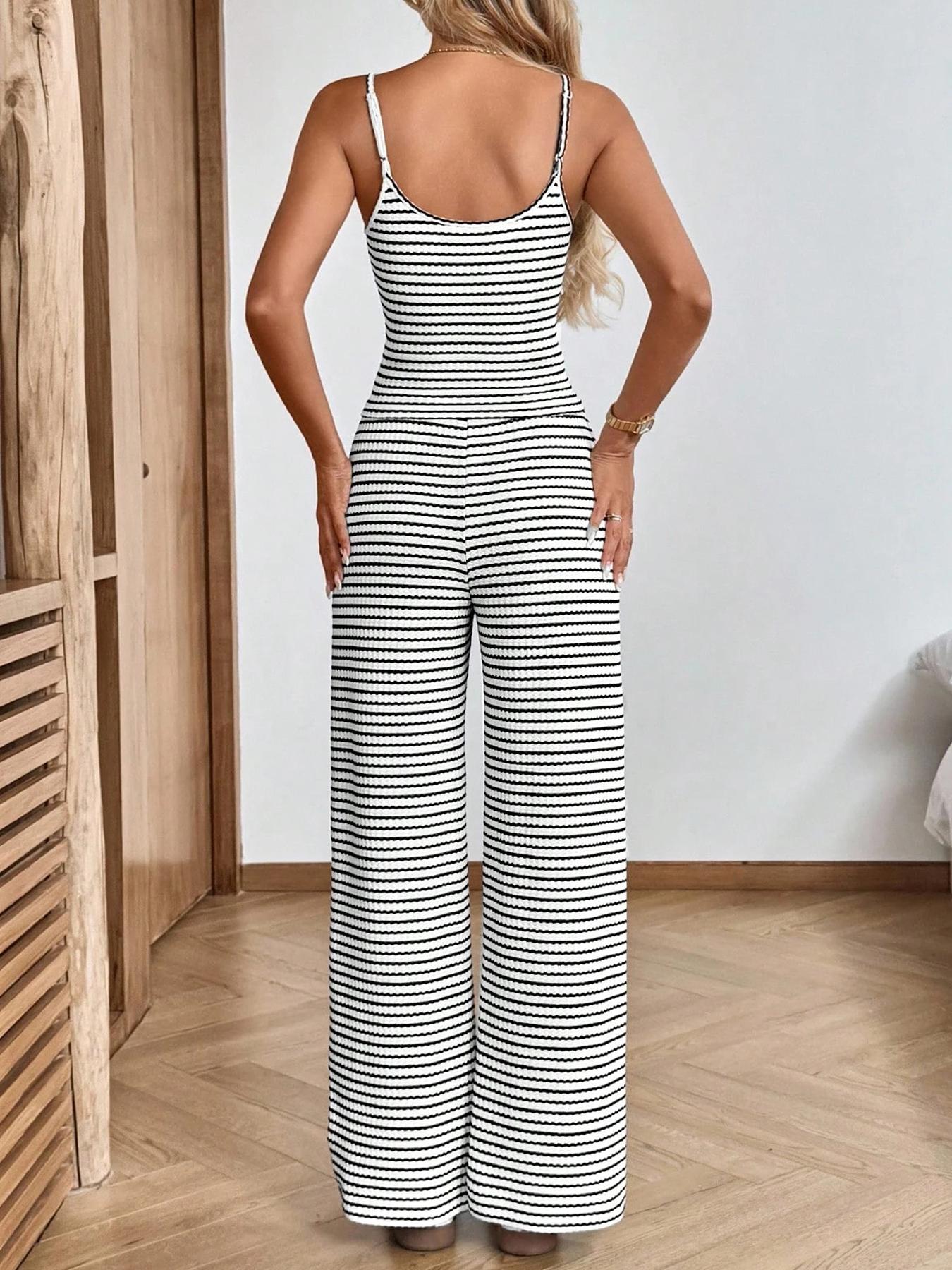 Women's Casual Striped Halter Top and Elastic Long Pants Set, Summer Vacation, 2 Piece Set, Fitted, Stylish and Comfortable