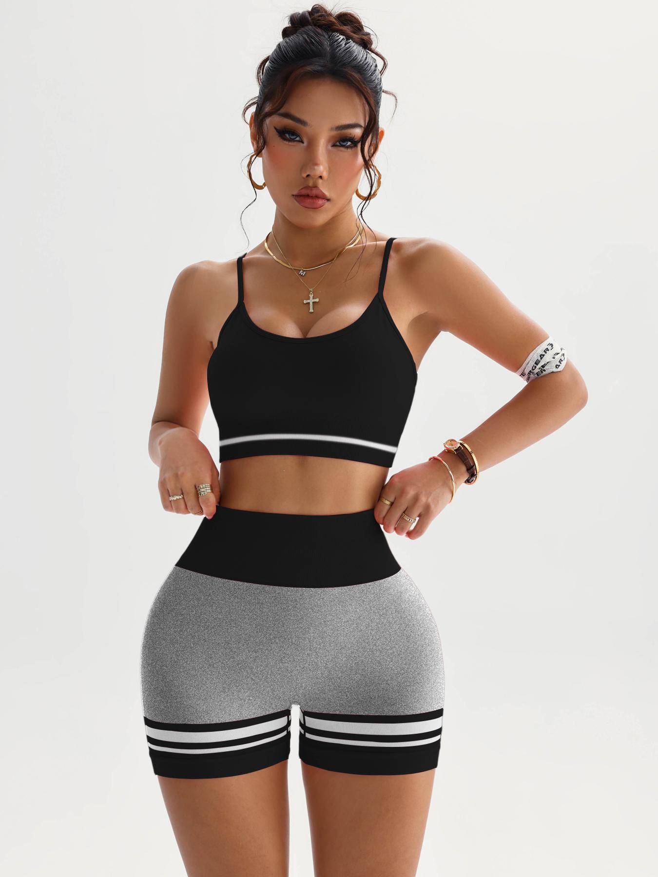 Women's Striped Print High Waist Gym, Sporty Breathable Comfortable High Stretch Yoga Shorts, Ladies Sportswear for Indoor Outdoor Wear Gym Fitness Shorts