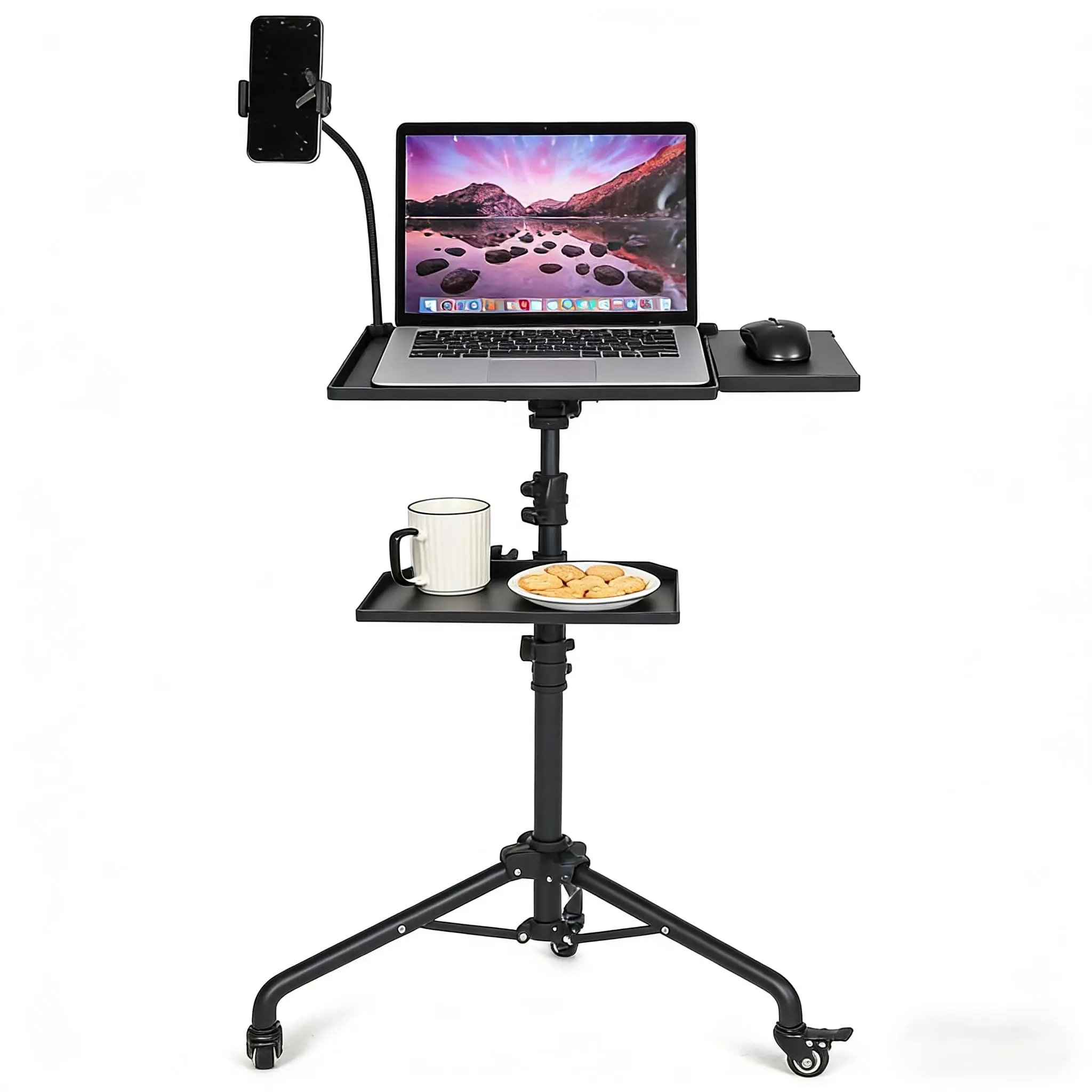 Height-Adjust Metal Frame Laptop & Projector Stand with Wheels, Dual Shelves, Mouse Tray, Phone Holder, Rolling Tripod Floor Stand (23-49 in) for Office/Home Users