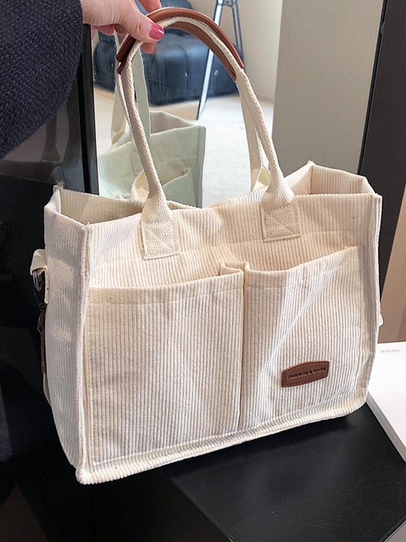 Women's Casual Minimalist Corduroy Tote Bag, Letter Patch Decor Shoulder Bag for Daily Used, Casual Trendy Versatile High-quality Daily Commuting Bag, Girl Fashionable Shopping Bag, Casual Commuter Bag