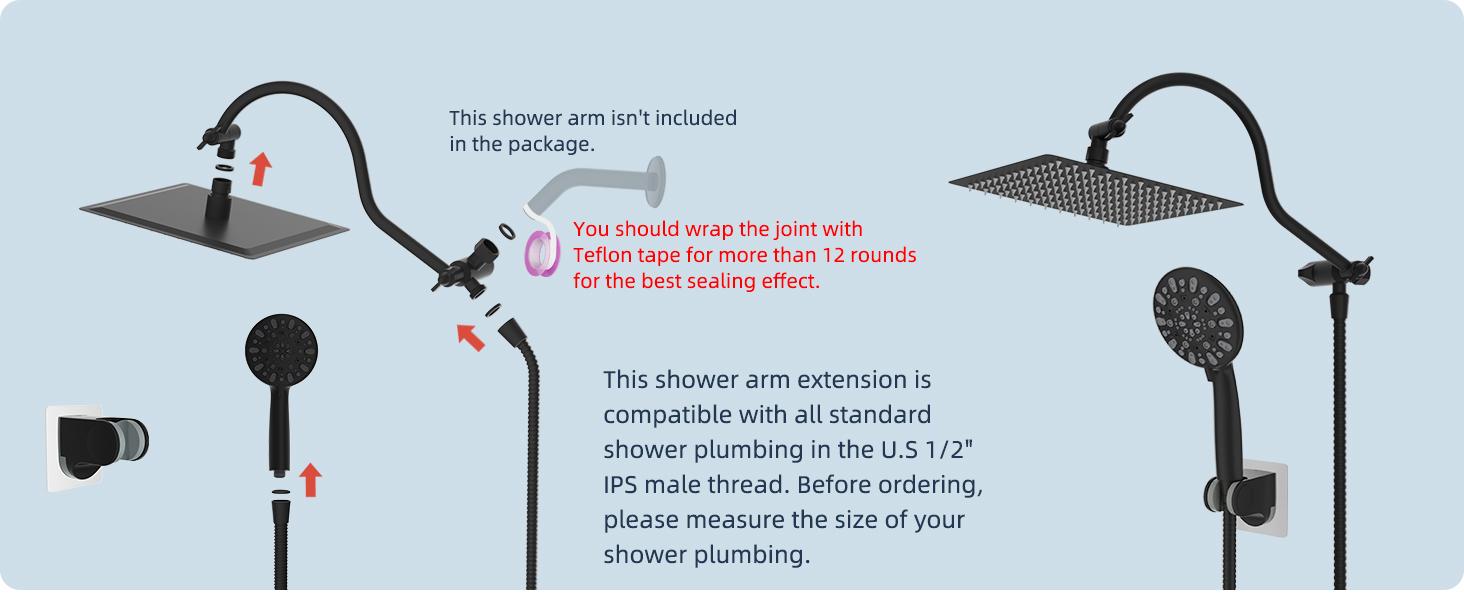 Hibbent 12'' All Metal Shower Head, High Pressure Rainfall Shower Head/Handheld Showerhead Combo/ 12'' Adjustable Curved Shower Extension Arm, 7-Spray, 71'' Hose, Showerhead Holder, Matte Black showerhead combo