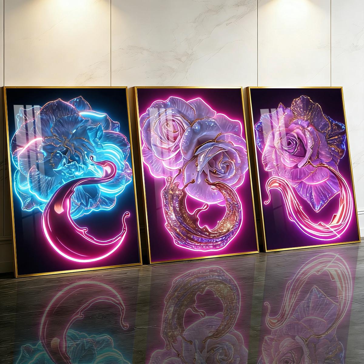 3 Counts Aluminum Alloy Framed Painting, Neon Glowing Roses And Petals Pictures, Home Decoration For Living Room, Bedroom, Office, Restaurant, Hallway Wall Decor, Odorless Print Artwork, Luxury Perfect Gift For Friends And Family