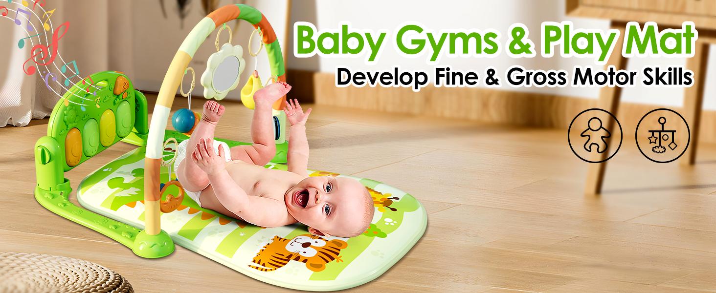 Baby Play Mat Baby Gym,Funny Play Piano Tummy Time Baby Activity Mat with 5 Infant Sensory Baby Toys, Music and Lights Boy & Girl Gifts for Newborn(Green)