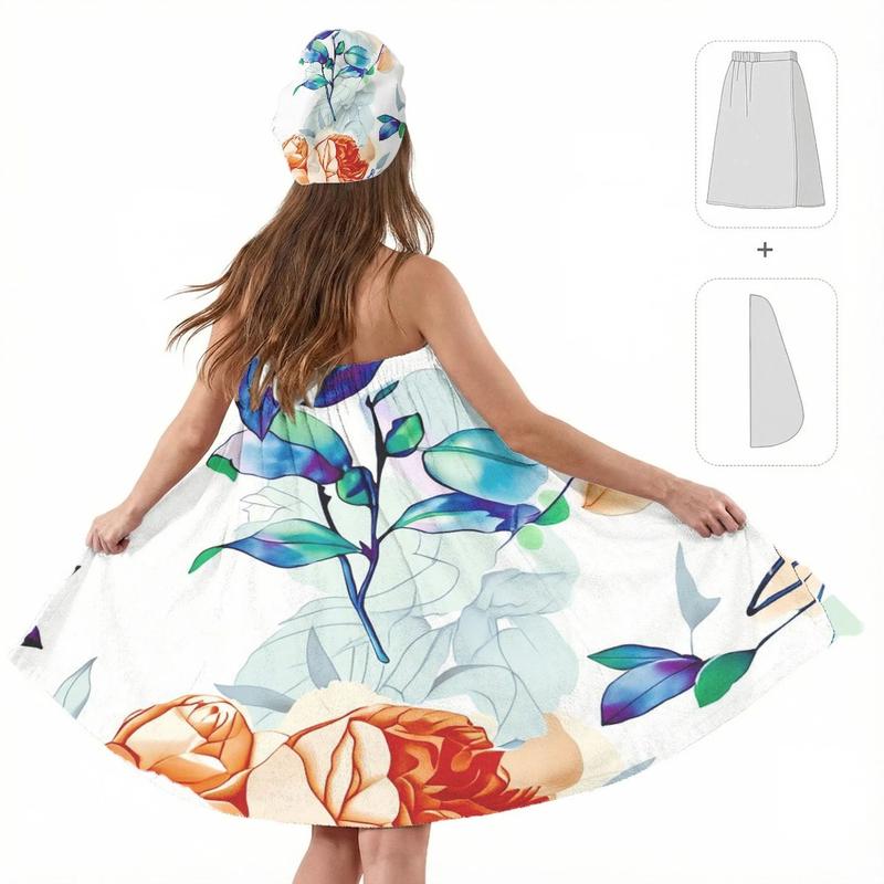 2pc Floral Pattern Women's Post-Bath Towel Dress and Head Wrap Set Sleeveless Towel Dress for Spa Gym Pool Relaxation Beach Vacation ShowerMicrofiber Bath Towel Body Wrap Set Gym Spa Robe Dry Hair Cap Beach Pool Shower Dress Towel Cover up