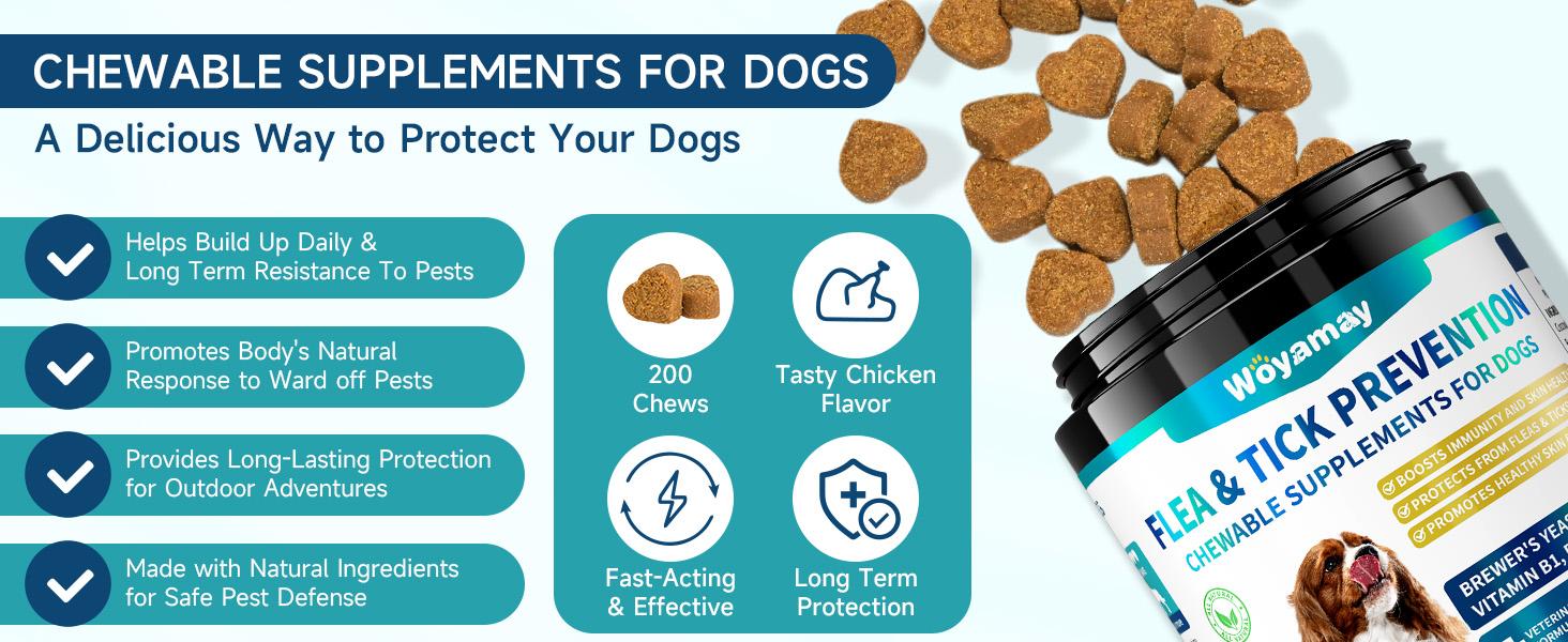 Woyamay Flea & Tick Prevention for Dogs, 200 Ct Chewables Support Skin&Coat Health with Fish oil, Omega-3, Multivitamin, Natural Dog Flea and Tick Chews for All Breeds & Sizes, Chicken Flavor