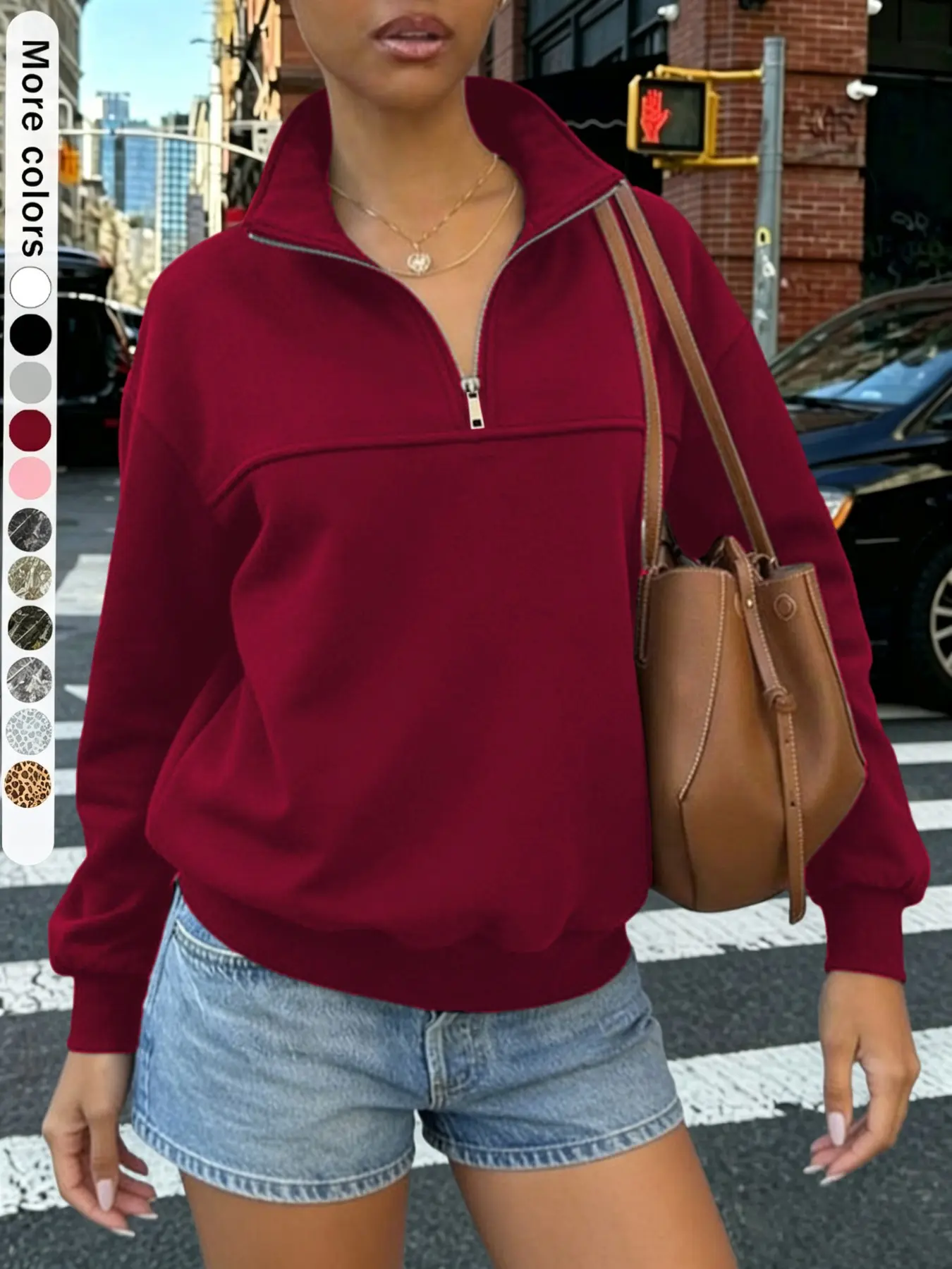 Vintage quarter-zip pullover. Women's high-neck turtleneck fleece-lined casual sweatshirt, #half-zip sweater #quarter-zip pullover #funnel neck top #loose sweater #minimalist fashion #streetwear #autumn and winter fashion #casual pullover