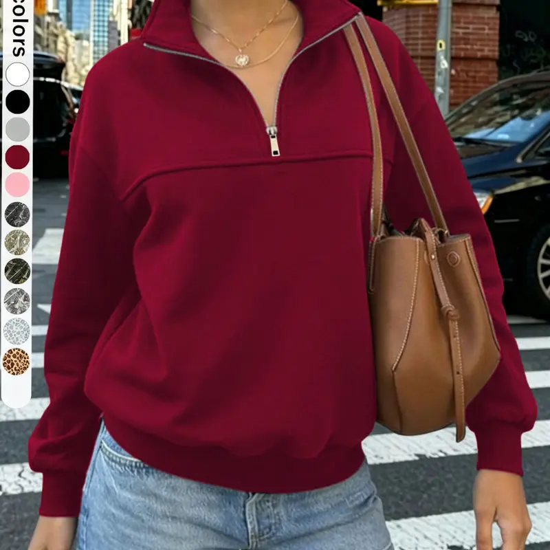 Vintage quarter-zip pullover. Women's high-neck turtleneck fleece-lined casual sweatshirt Loose Sweatshirts #half-zip sweater #quarter-zip pullover #funnel neck top #loose sweater #minimalist fashion #streetwear #autumn and winter fashion #casual pullover