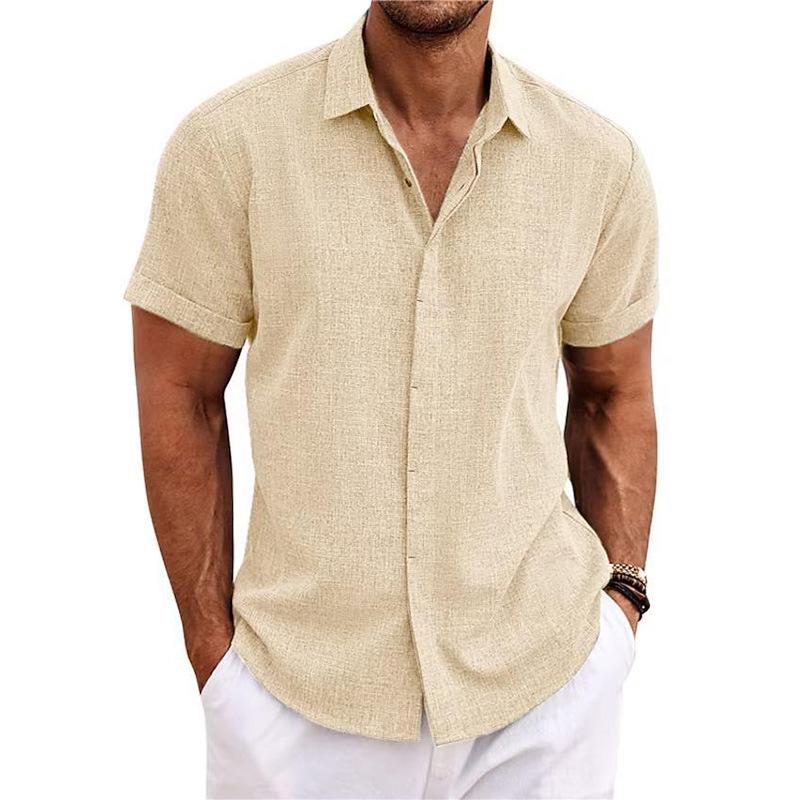 Men's Plain Linen-Polyester Short-Sleeve Button-Down Shirts - Loose-Fitting, Collared Neck, Lightweight, Breathable, Skin Friendly, Street Casual Tops for Daily, Semi-Formal Menswear