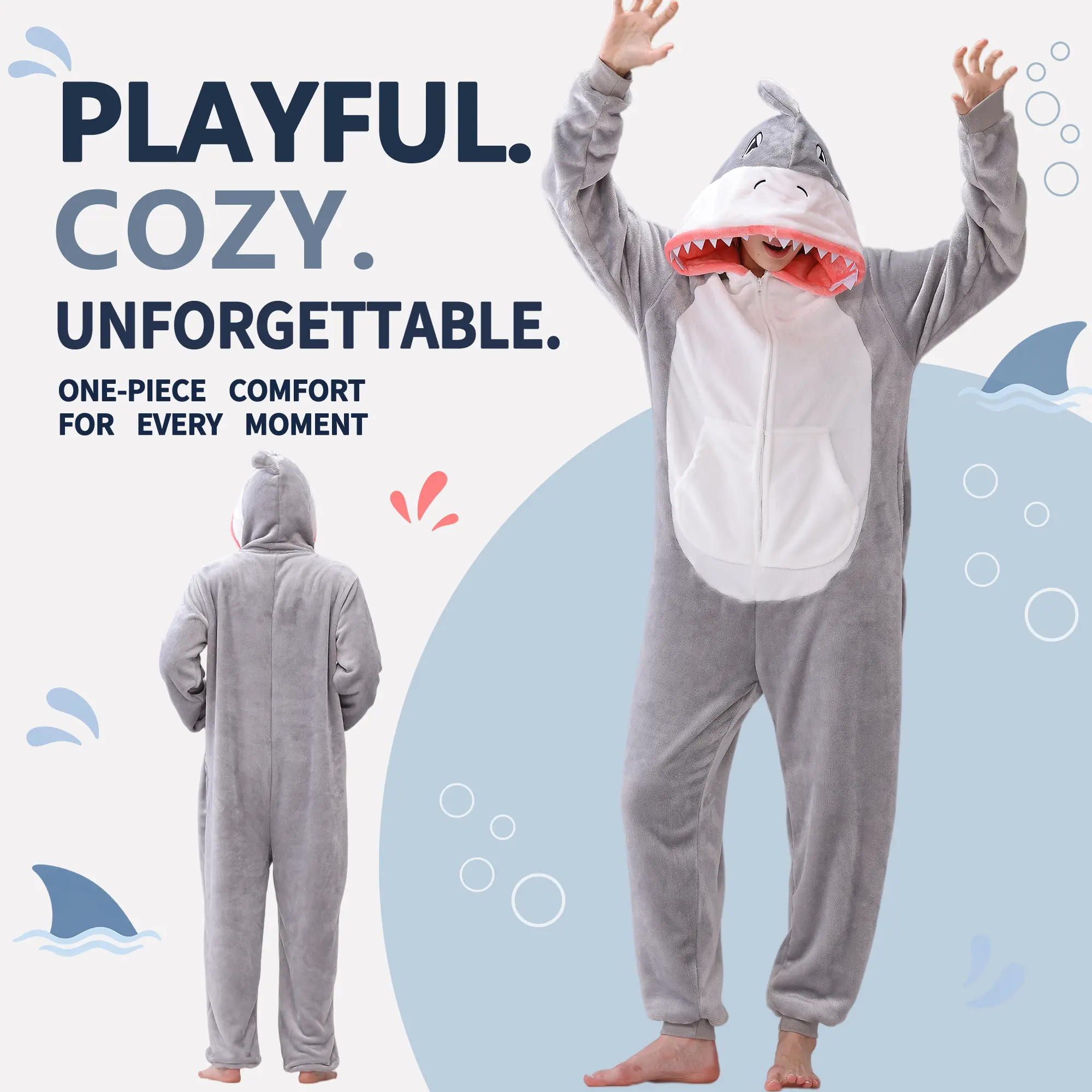 HOMEHUAL Unisex Cartoon Hooded Flannel Shark Onesie Pajamas for Adults, Cozy Polyester Long-Sleeve Animal Costume with Wing Sleeves, Hood, Zippered Front, and Pockets