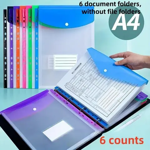 A4 Clear File Folder, 6-Count High-Capacity File Bag Set with 11-Hole Binding Ring, Portable Files Organizer File Storage Organizer, Office Supplies for School, Home and Office, Clear Folders
