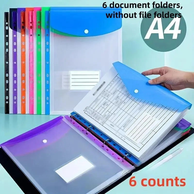 A4 Clear File Folder, 6-Count High-Capacity File Bag Set with 11-Hole Binding Ring, Portable Files Organizer File Storage Organizer, Office Supplies for School, Home and Office, Clear Folders