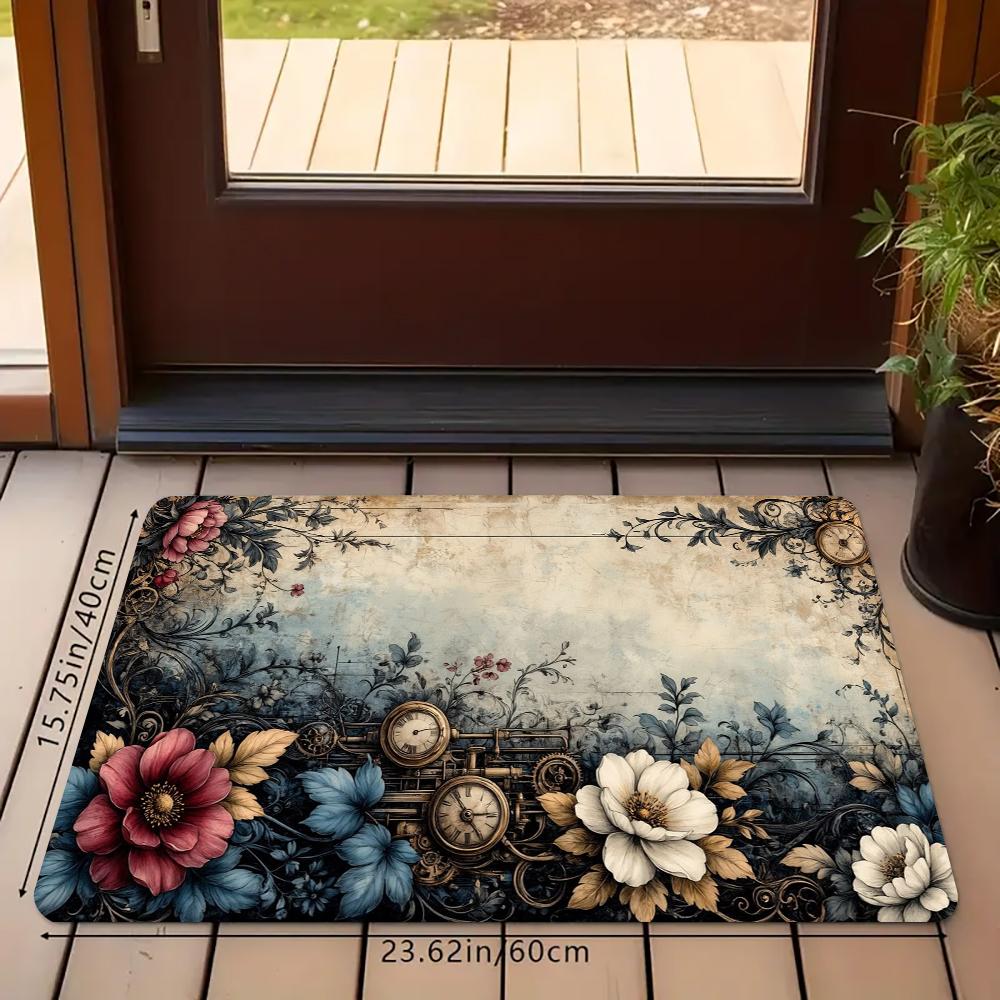 Vintage Steampunk Floral Kitchen Rug Set, Retro Victorian Flower Clock Non-Slip Washable Floor Mats, Aesthetic Botanical Runner Rugs for Kitchen, Living Room & Home Decor