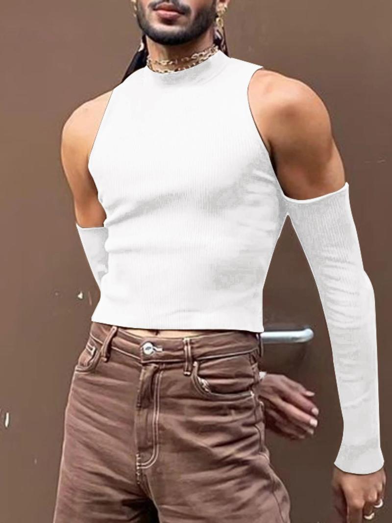 Men's Slim Cold Shoulder Mock Neck Crop Tank Top, Cut Out Long Sleeve T-shirt for Spring & Fall, Comfort Basic Minimalist Menswear for Daily Wear Men's Slim Cold Shoulder Mock Neck Crop Tank Top, Cut Out Long Sleeve T-shirt for Spring & Fall, Comfort Basic Minimalist Menswear for Daily Wear