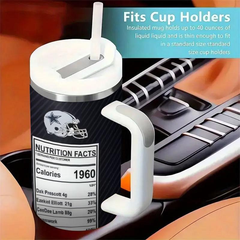 1pc Dallas Cowboys Energy Drink Pattern 40oz Tumbler, Non-Slip Handle Insulated Cup, Large Capacity Functional Beverage Straw Cup, Car/ Sports Use
