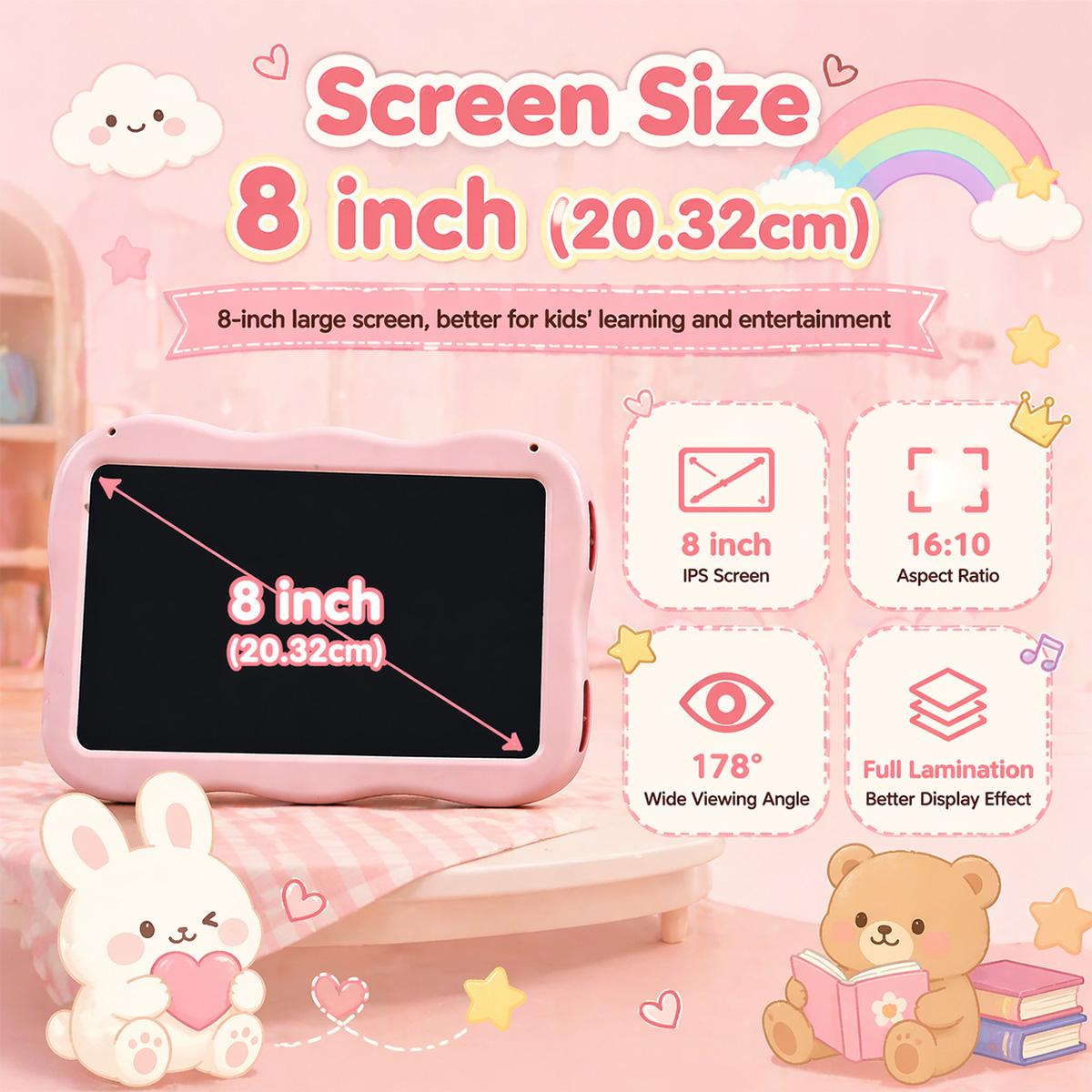 8-Inch Android 10 Kids Tablet, 3gb+32GB Storage, Parental Control, Web Browsing, Learning Games, Drawing Tools, Music Player, E-Reader, Shockproof Case, Dual Cameras