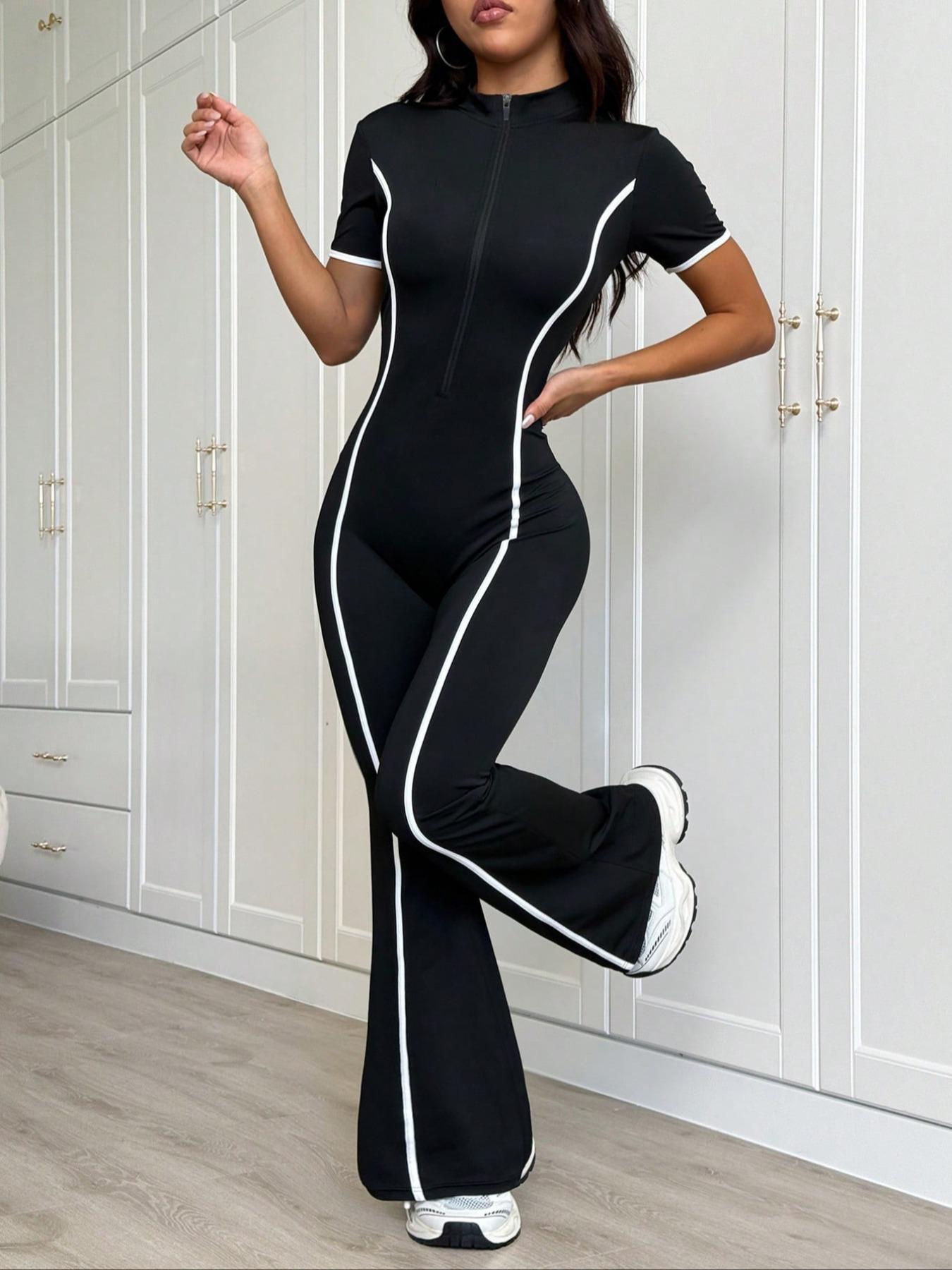 Women's Colorblock Zipper Knit Yoga Sporty Comfy Jumpsuit, Long Sleeve Casual Fashion, Slim-Fitting Below Ankle Pants for All Seasons