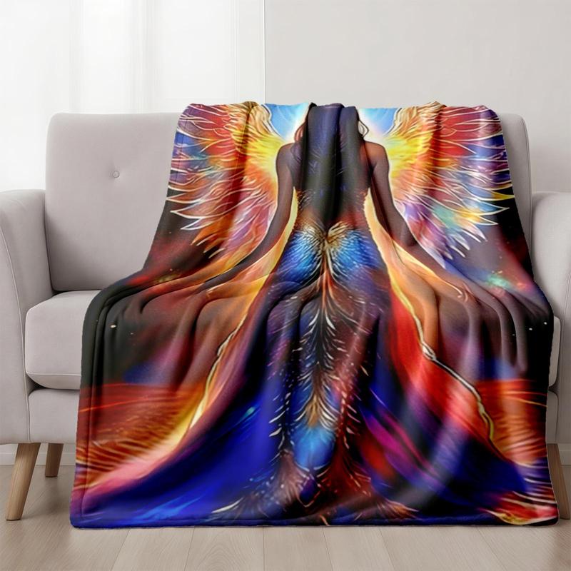 1 piece Colorful-winged angel back with cosmic halo themed flannel blanket - Oversized fluffy warm sofa blanket, suitable for beds and sofas, modern geometric pattern design, all-season use, digital printing, 100% polyester material, machine
