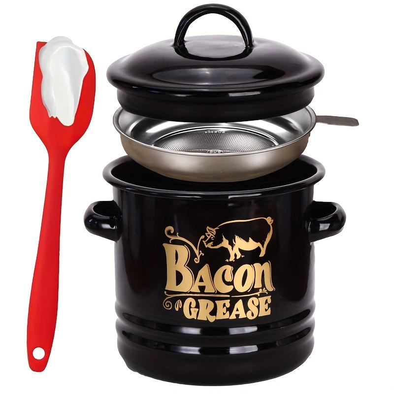Enamel Bacon Grease Keeper with Fine Strainer & Lid, Strainers for Kitchen, Residue Filter Oil Dispenser, Reusable Round Food Storage Jar for Lard Meat, Farmhouse Red Kitchen Decor, Gift for Family Friends Christmas