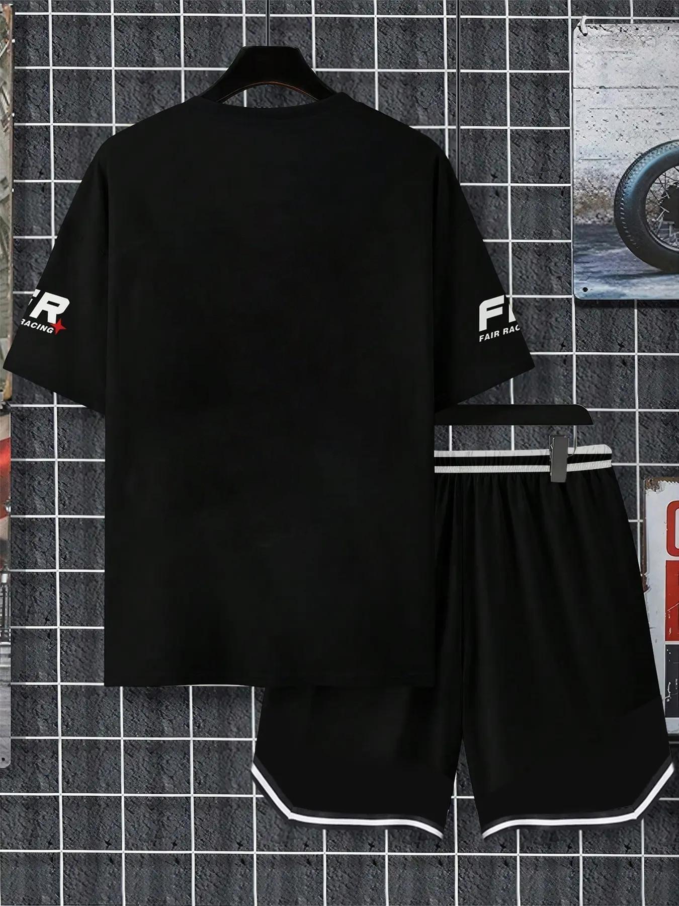 Two-Piece Set Men's Letter Print Short Sleeve T-shirt & Track Shorts Set, Regular Fit Casual Round Neck Tee & Shorts, Men's Summer Sports Clothes