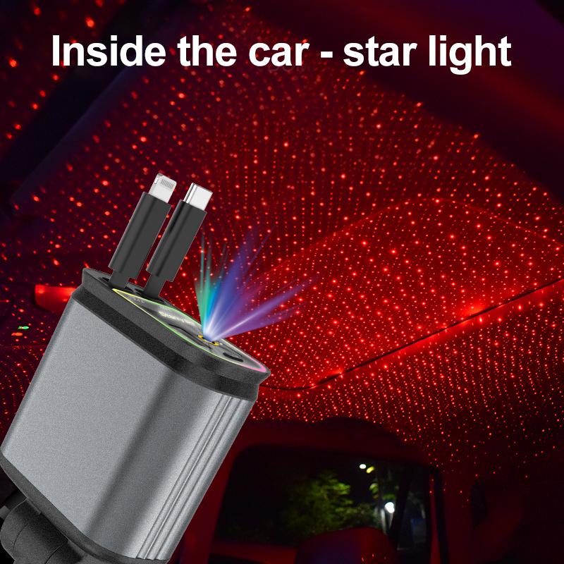 W&O 4-in-1 Retractable Car Charger - Fast Charging, Star Projector, Starlight Headliner, Lightning/Type-C, 2 USB Ports, Compatible with iPhone 15/14/13/12/11, Galaxy, Pixel, Compact and Portable Design