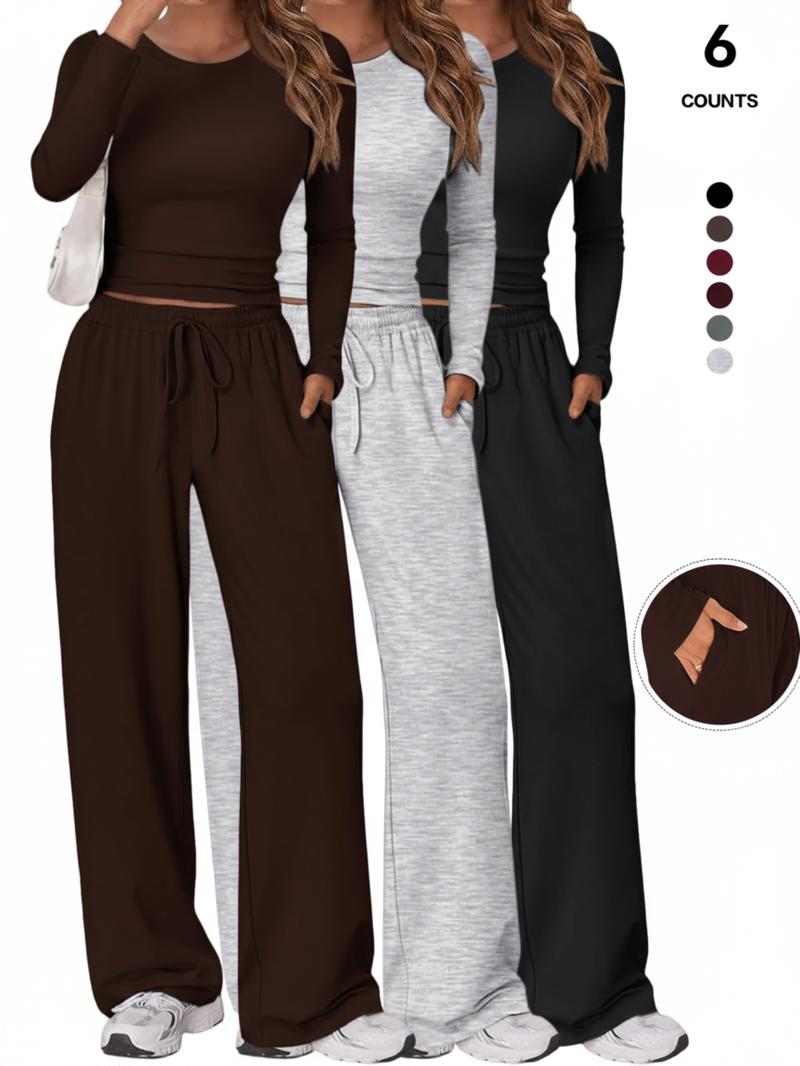 2026 Women's 2 Piece Matching Lounge Set, Long Sleeve Slightly Crop Top & Wide Leg Pants, Casual Sweatsuit for Comfortable Wear