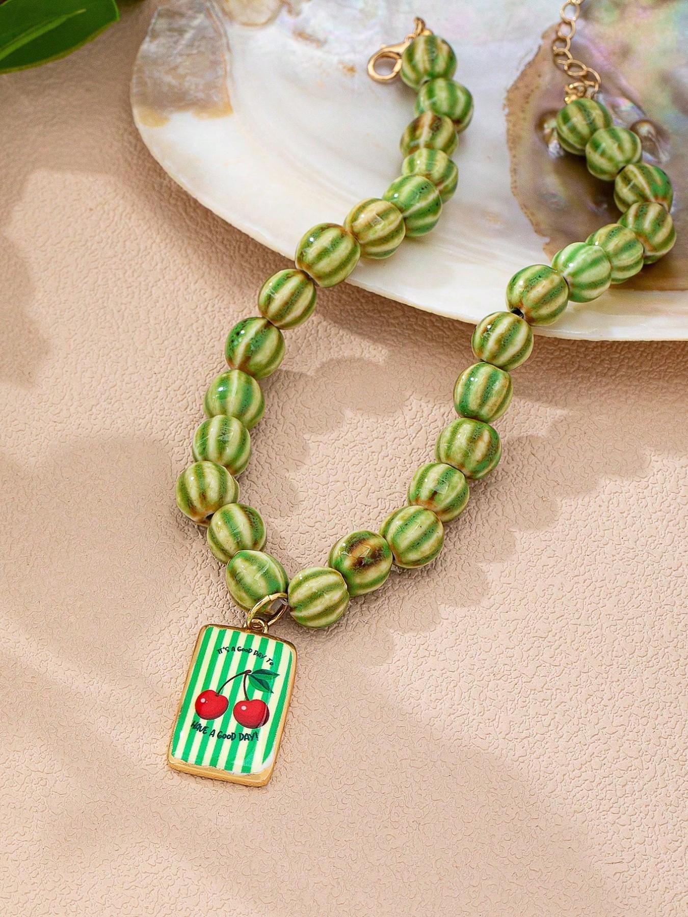 2 Pcs Green Beaded Layered Necklace Necklets for Women, Chunky Malachite Color Heart Charm Choker, Bohemian Jewelry for Summer Beach Vacation Party