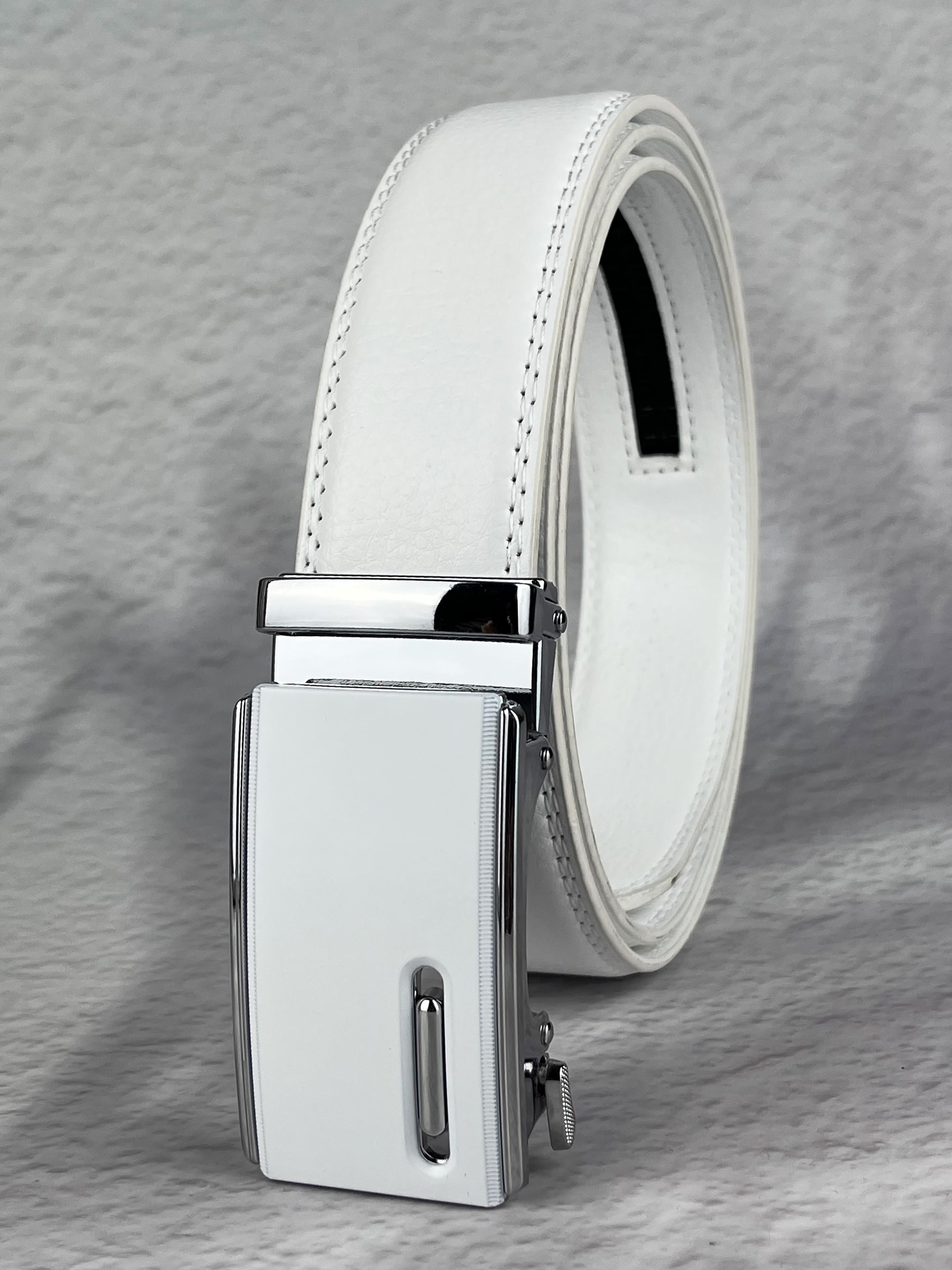 Men's and women's white alloy automatic buckle, 3.5cm/1.38in wide ratcheting slot white belt, elegant and stylish, suitable for daily commuting, outings, dates, and leisure vacations.