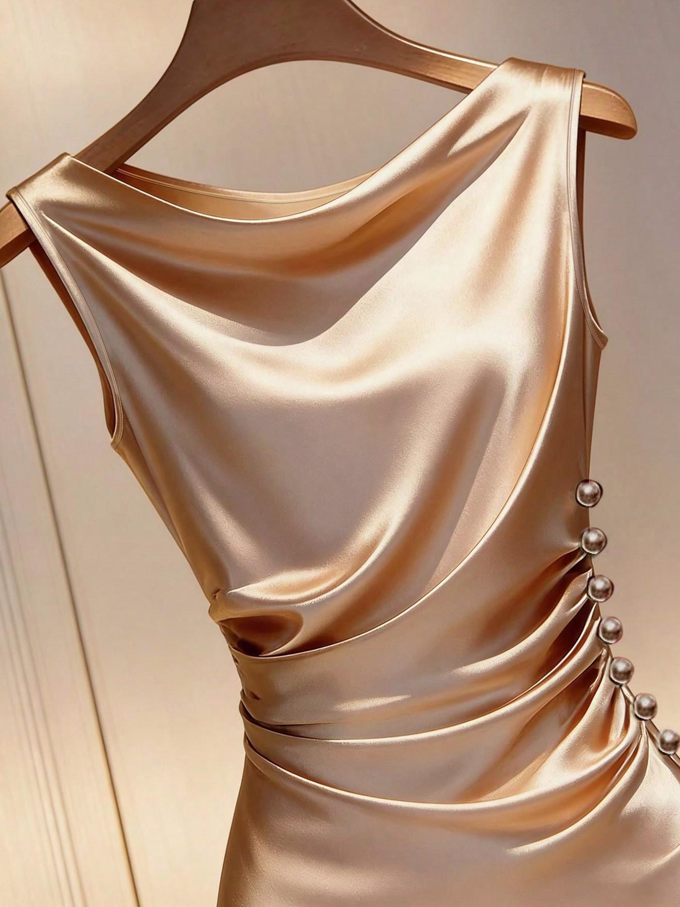 Summer Knit Satin Dress, Champagne Color, Halter Neck, Sleeveless, Waist Cinch, Midi Length, Pleated Design, Button Detail, Evening Gown, Ffsp2640