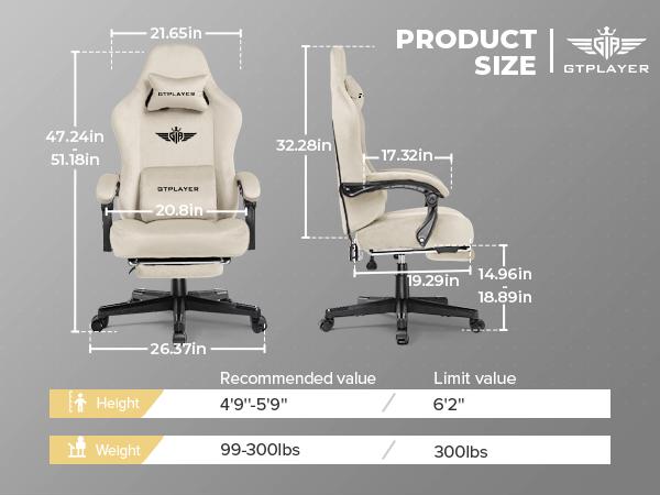 GTPLAYER Gaming Chair Fabric with Pocket Spring Cushion, Big and Tall Gaming Chair, 350LBS High Back Computer Chair with Footrest,Springtok Ergonomic
