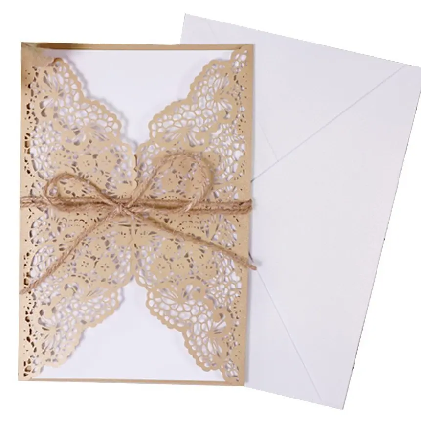 5sets, Laser hollowed out invitation letter, holiday greeting card, gold lace wedding invitation card, including kraft paper and hemp rope.