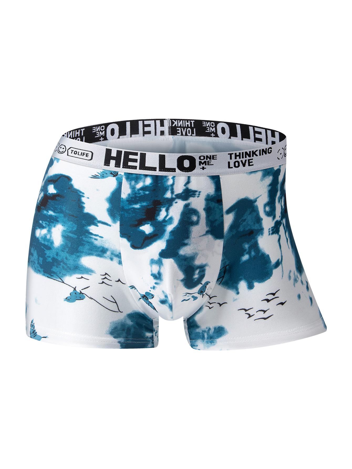 4 pcs random men's “HELLO” printing flat cornered underwear, The fabric is lightweight and soft, Elastic waistband, Suitable for daily home casual wear, Fashionable design, Universal throughout the four seasons, Novel men's underwear.