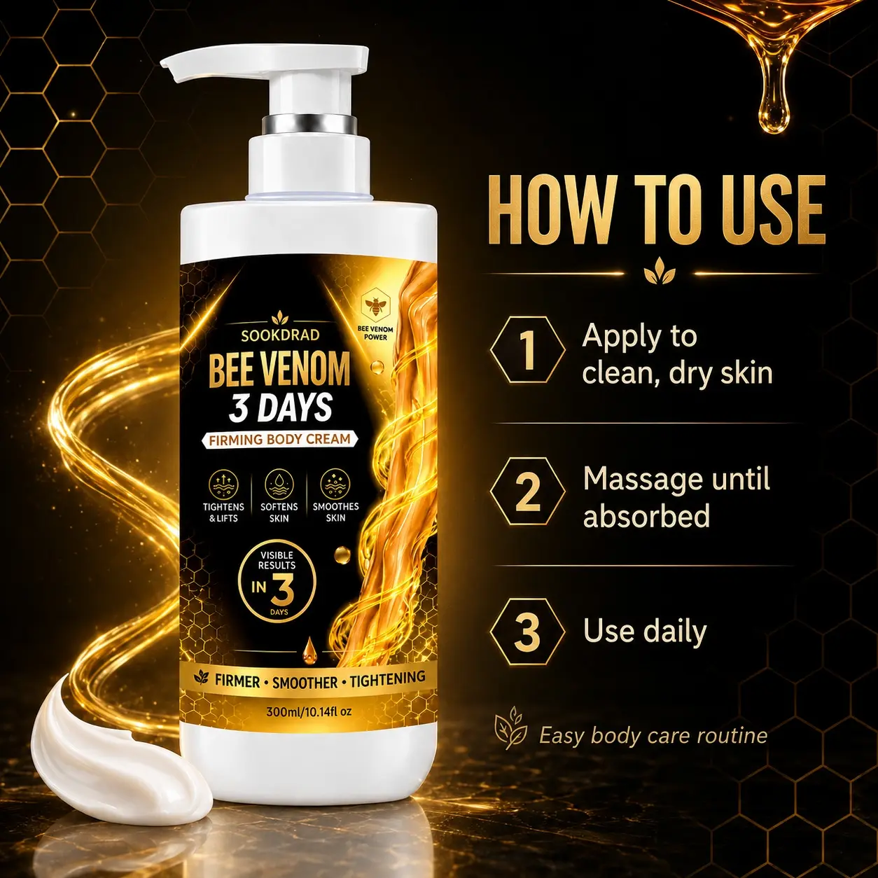 Firming Body Cream, bee venom, tightens skin, lifts skin, softens skin, smooths skin, body, visible results in 3 days, 300ml/10.14fl oz