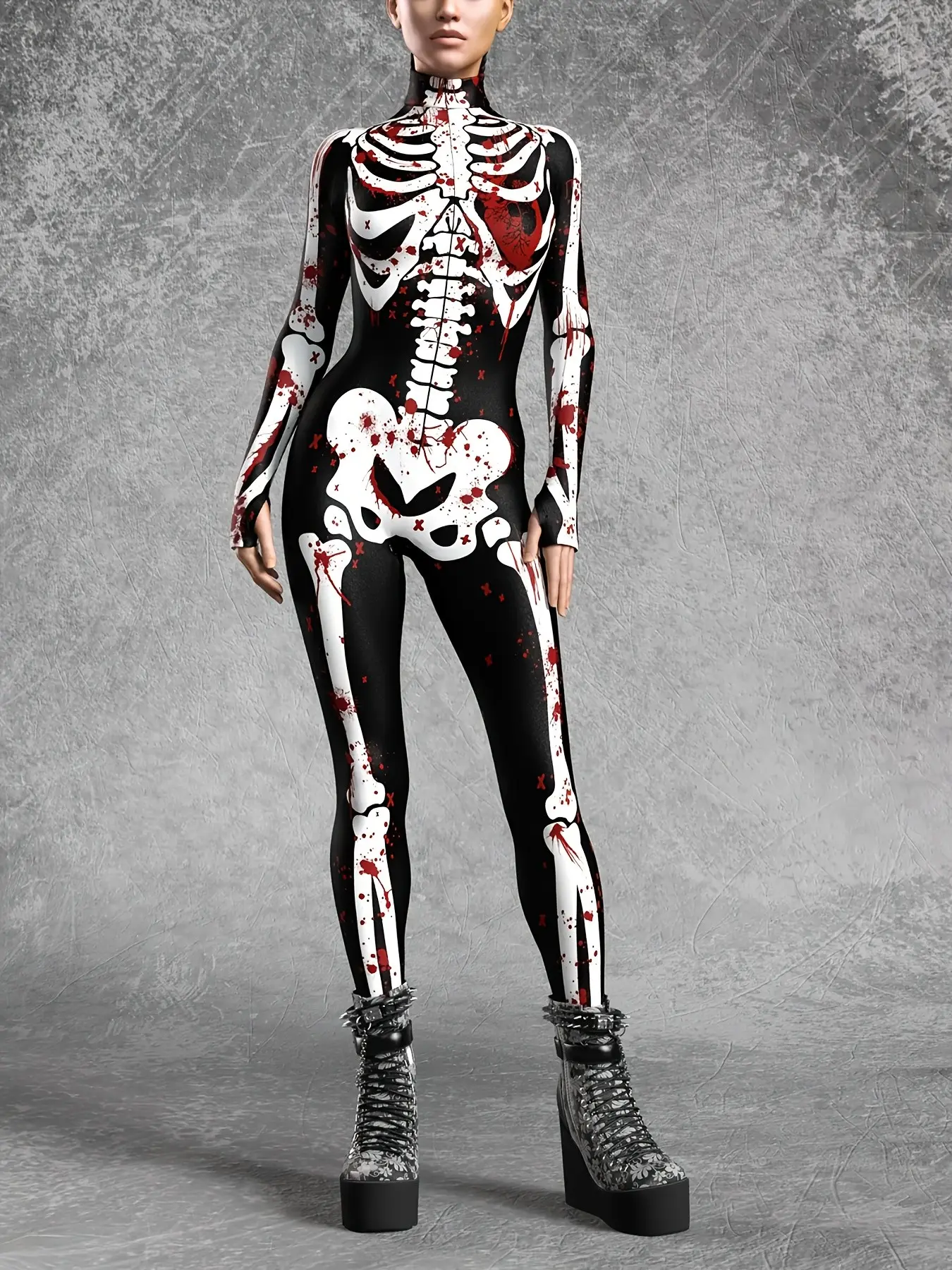 Easter Halloween Bloody Skull Bodysuit Women Dark Skeleton Tight Fit Cosplay Costume, Horror Ghost Bride Performance