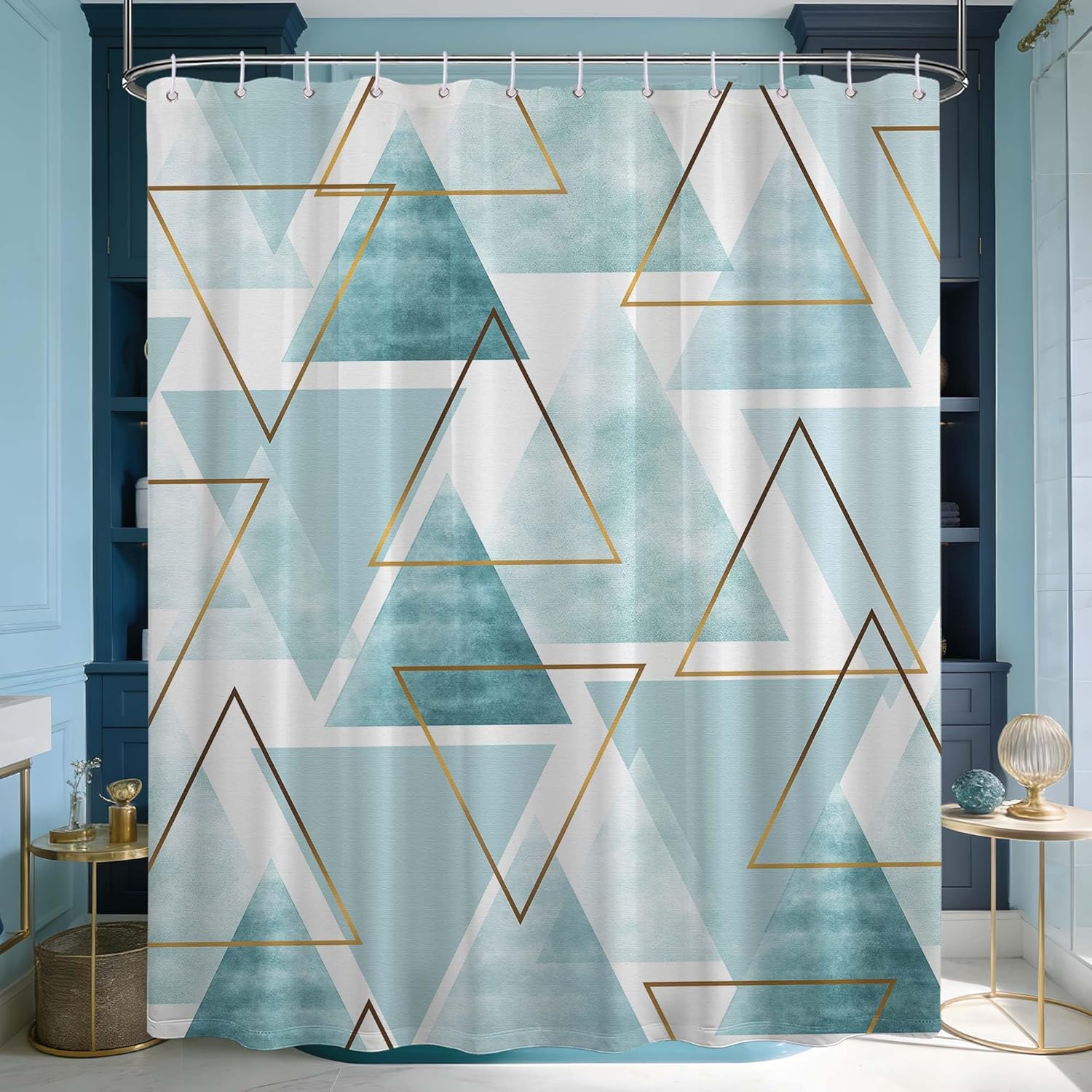 Sage Green and White Geometric Shower Curtain, Modern Olive Green Fabric Bathroom Decor, Includes Hooks for Shower, 1PC