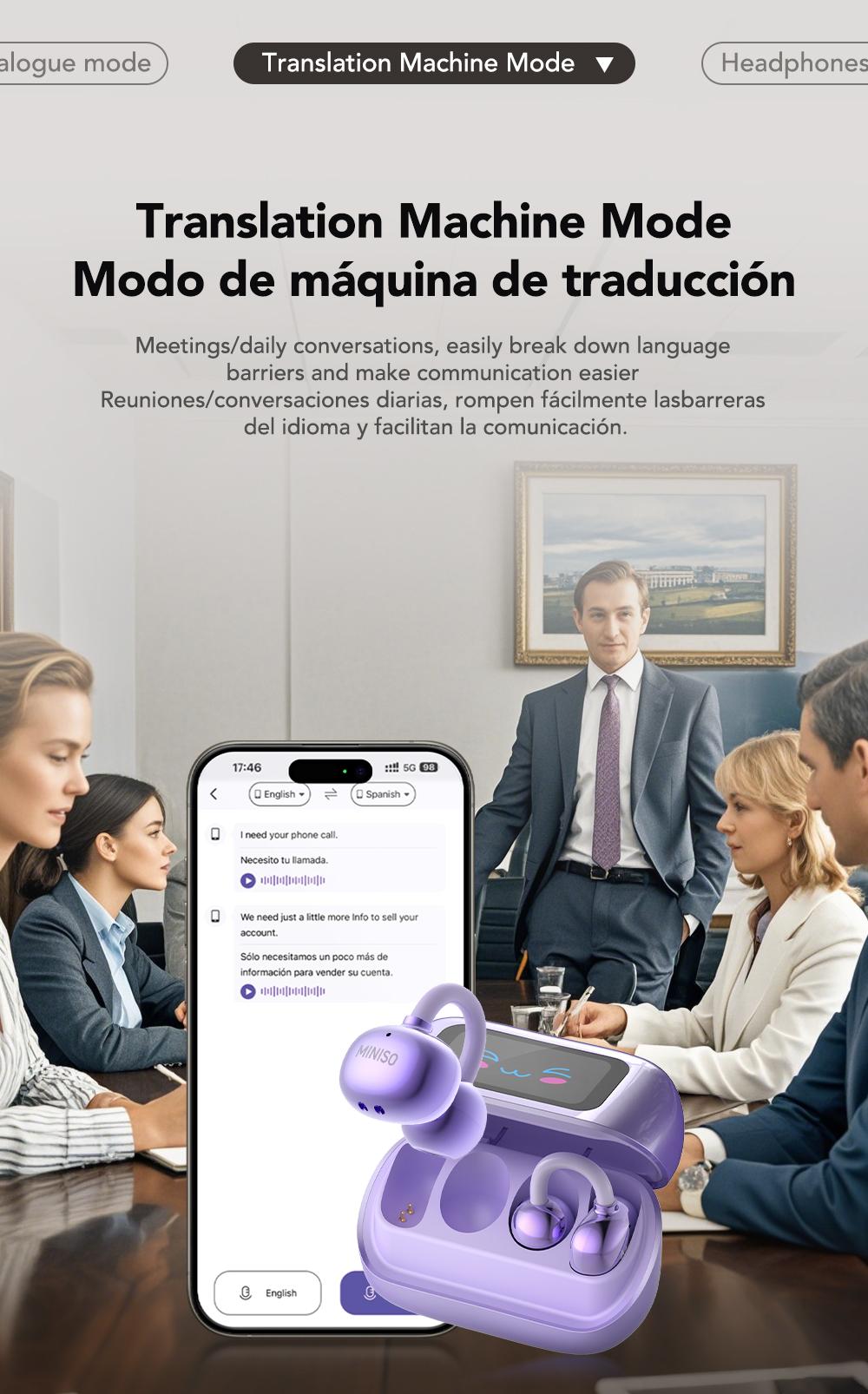 MINISO MS199 Translation Clip On Ear Headphones Full Color Touch Screen, Audio Wireless Headphones Support 135 Languages Real Time Bluetooth Translation Built-in Microphone for Music & Phone Calls,Sport Waterproof & Sweatproof