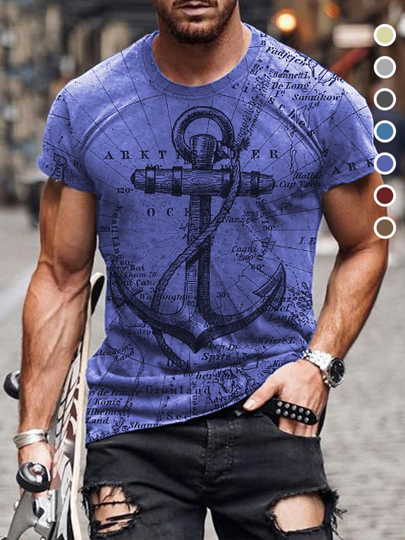 Men's Letter & Anchor Print Round Neck Tee, Summer Clothes Casual Regular Fit Short Sleeve T-Shirt for Summer, Mens Clothes for Daily Wear