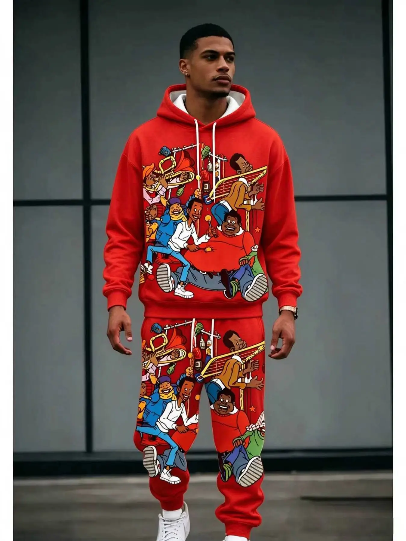 Men's 2-Piece Cartoon Band Print Set, Hooded Sweatshirt with Drawstring Pants, Casual Hip-Hop Style, Long Sleeve, Slim-Fit, Outfit