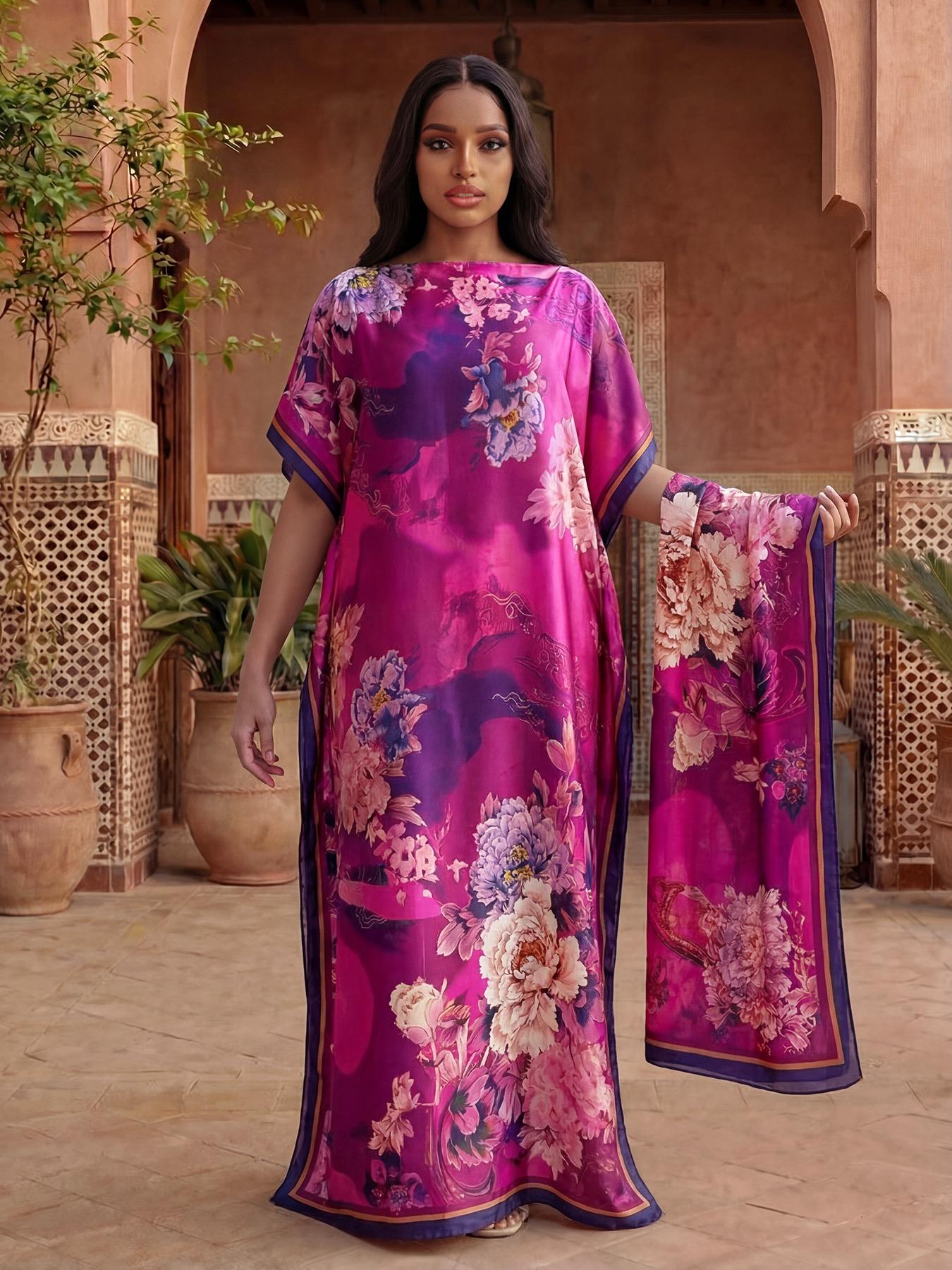 Women's Spring Summer Floral Pattern Robe & Thin Loose Fit Shawl Set, Casual Beach Sun Protection Satin Scarf