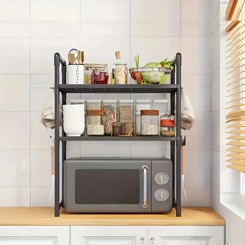 1pc Kitchen microwave rack, oven toaster rack, conditioning rack, rack with hooks, space-saving storage rack, kitchen organizer, wall shelf, stylish storage, easy to assemble