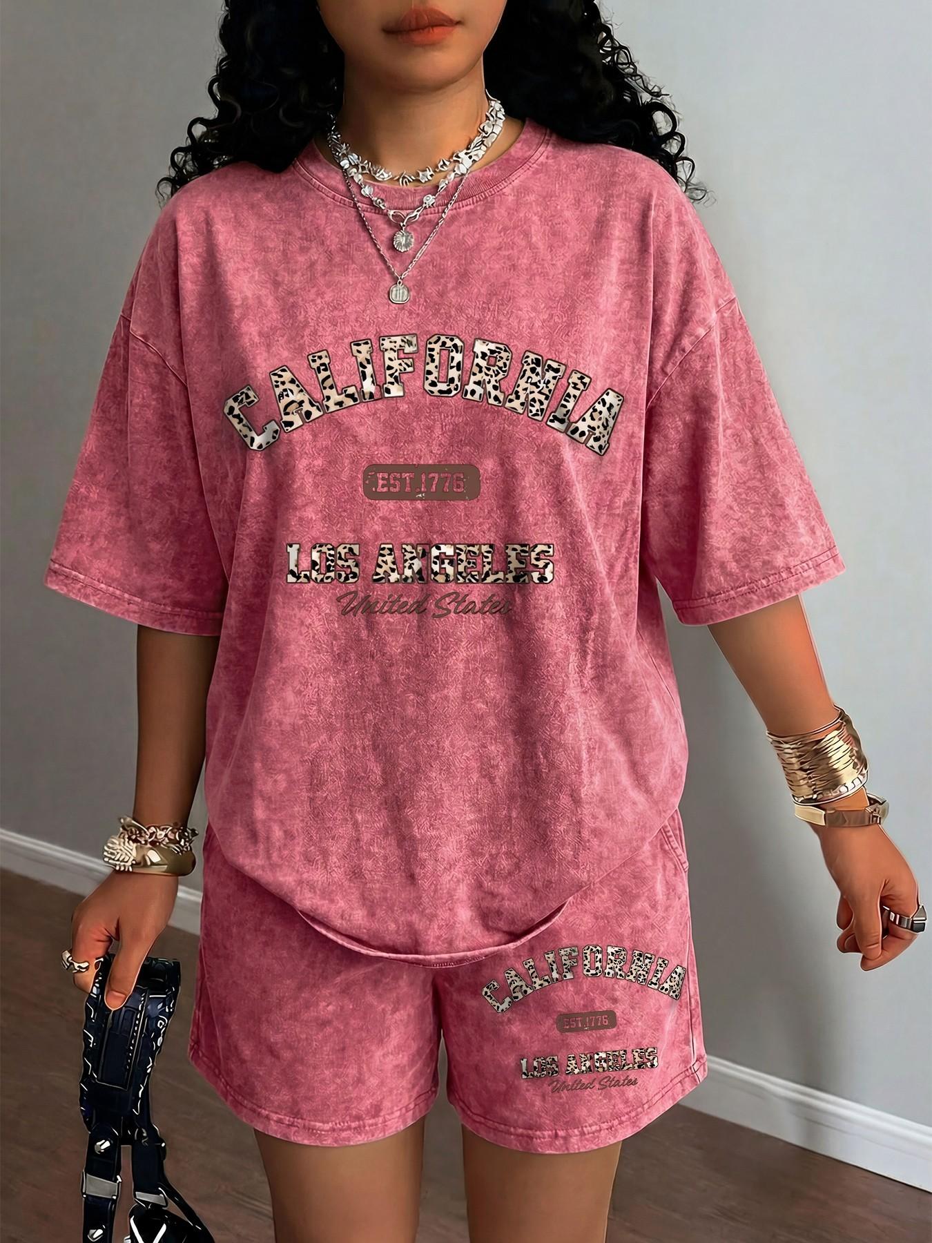 2-Piece Leopard Print Letter CALIFORNIA Washed Distressed Short-Sleeve Round Neck Top and Shorts Set Outfit - American Retro Vintage Chic Style, Available in Multiple Colors, Loose and Casual, Perfect for Lazy Night Out or Outings