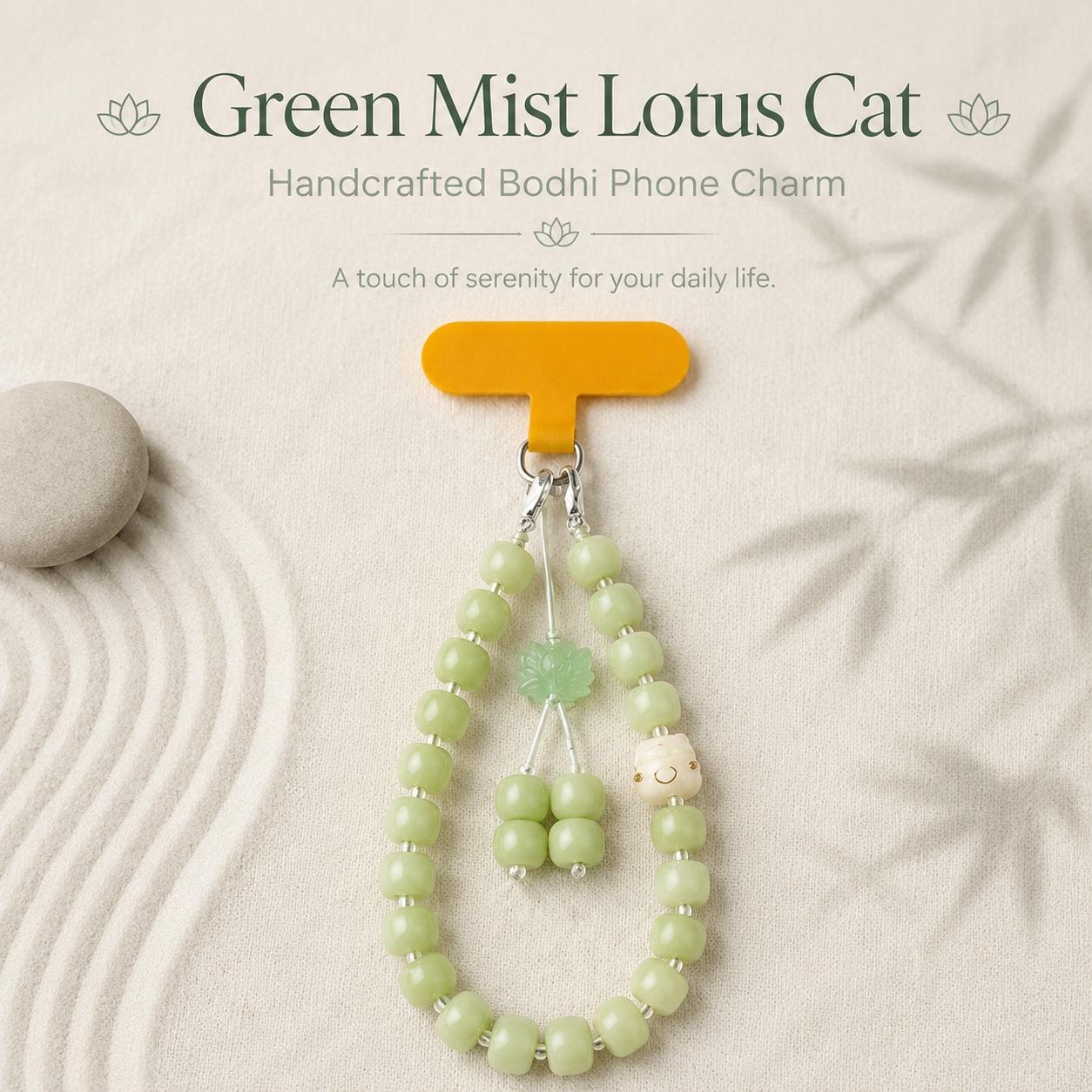 Anti-Lost Green Jade Beaded Phone Lanyard, Cute Lucky Cat & Lotus Charm Phone Strap, Aesthetic Phone Accessory