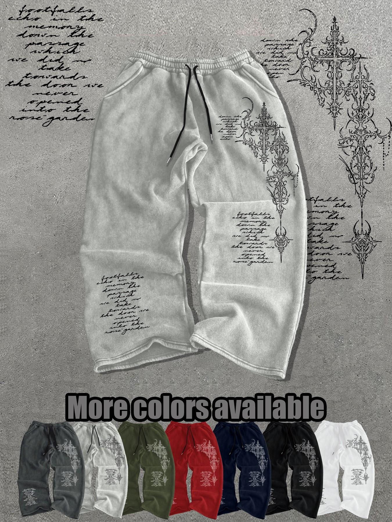 Men's Loose-Fit Graphic Pants, Drawstring Waist Long Pants, Streetwear Style, Casual Everyday Wear, Must-Have for Men's Closet